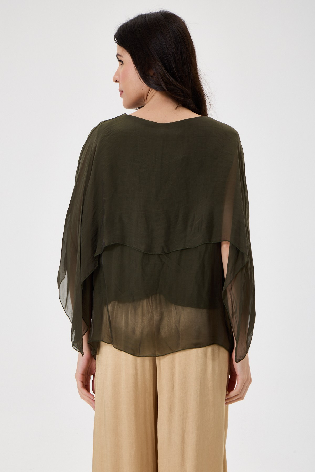 Dark Khaki İtalyan Panço Kol Astarlı İpek Bluz 38 - 42 Beden