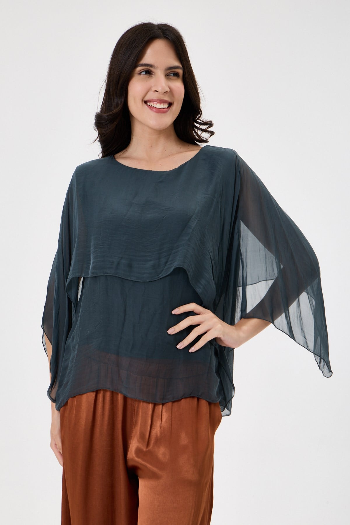 Dark Grey İtalyan Panço Kol Astarlı İpek Bluz 38 - 42 Beden
