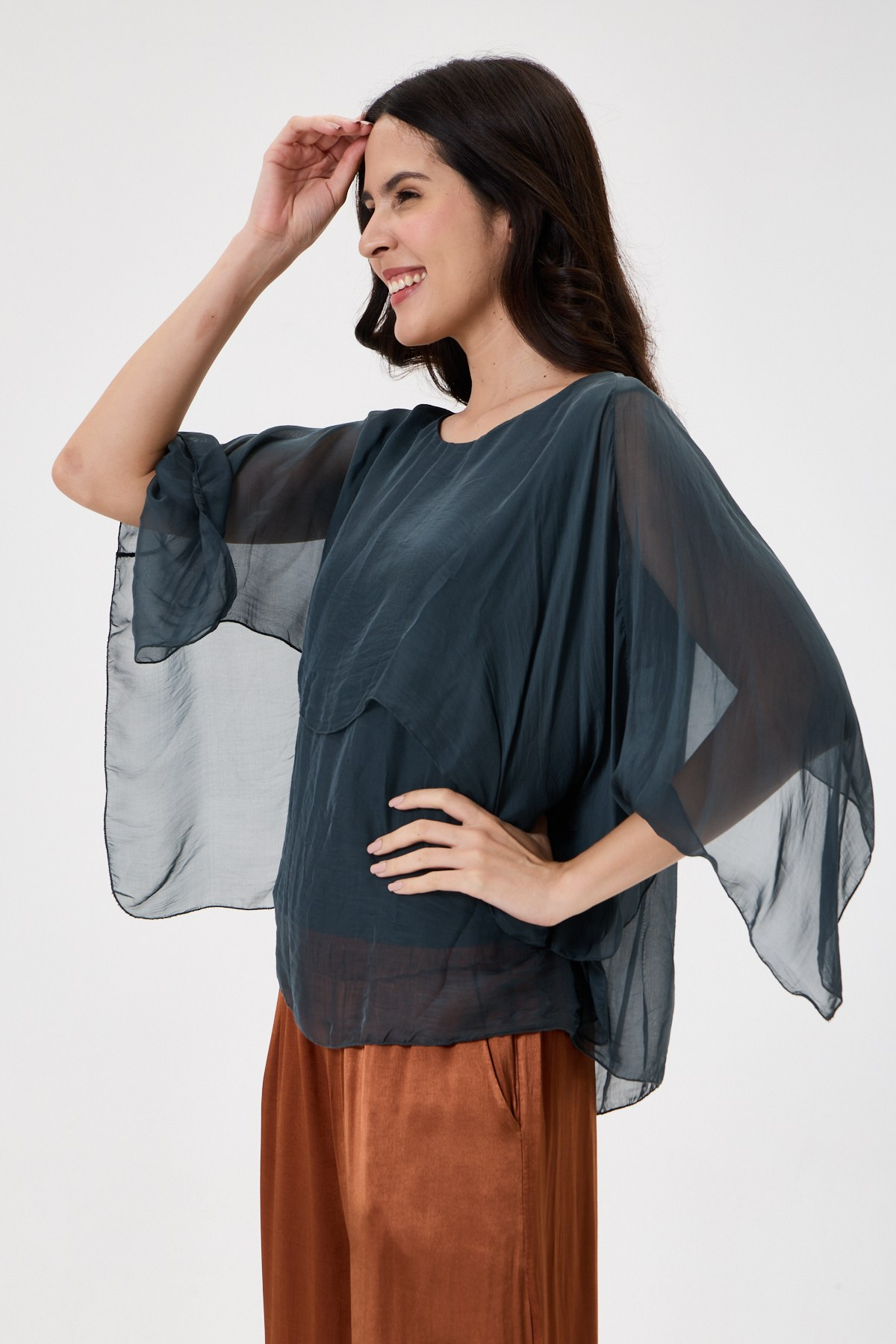 Dark Grey İtalyan Panço Kol Astarlı İpek Bluz 38 - 42 Beden