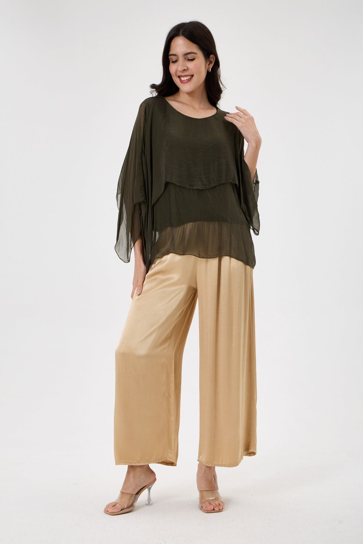 Dark Khaki İtalyan Panço Kol Astarlı İpek Bluz 38 - 42 Beden