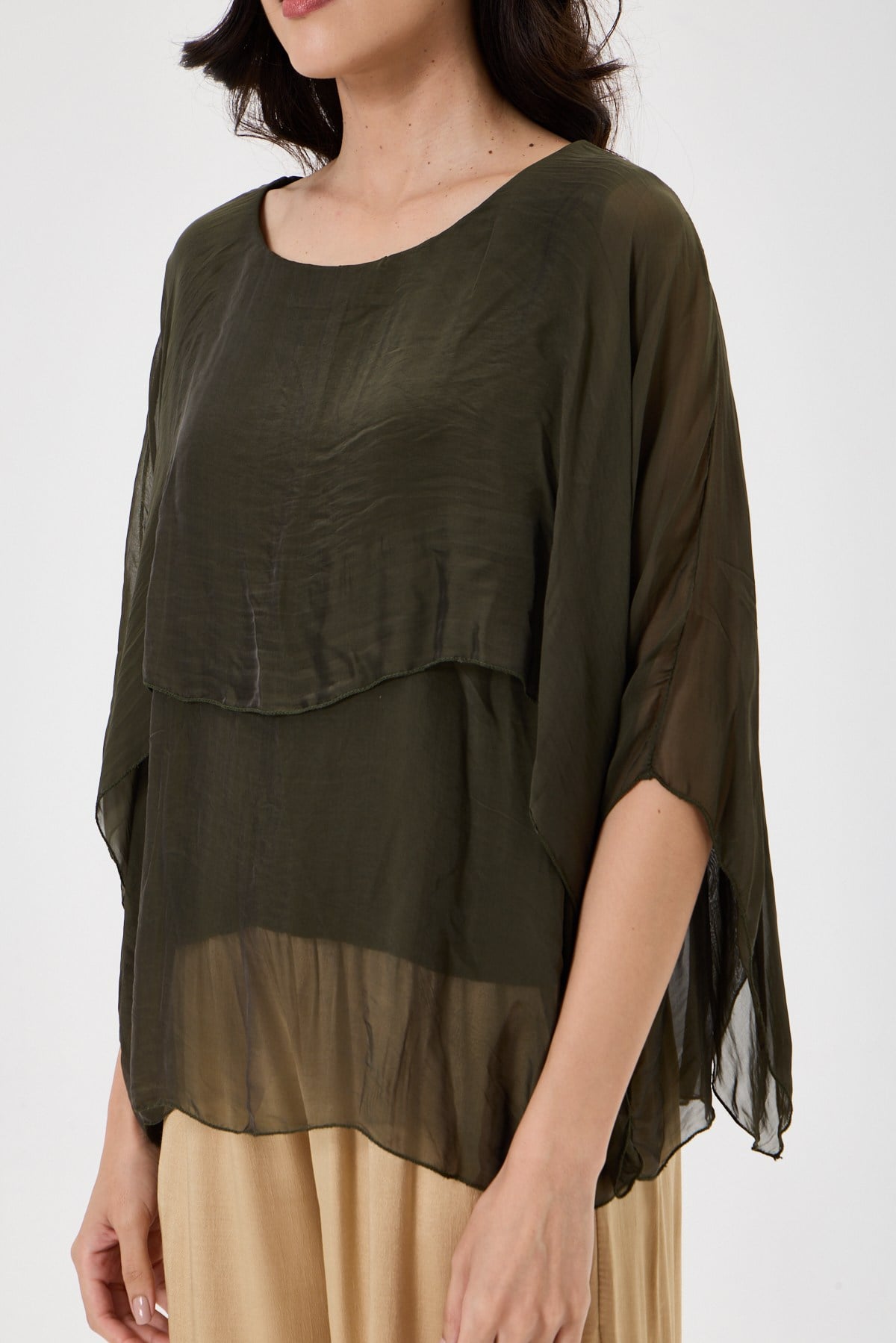 Dark Khaki İtalyan Panço Kol Astarlı İpek Bluz 38 - 42 Beden