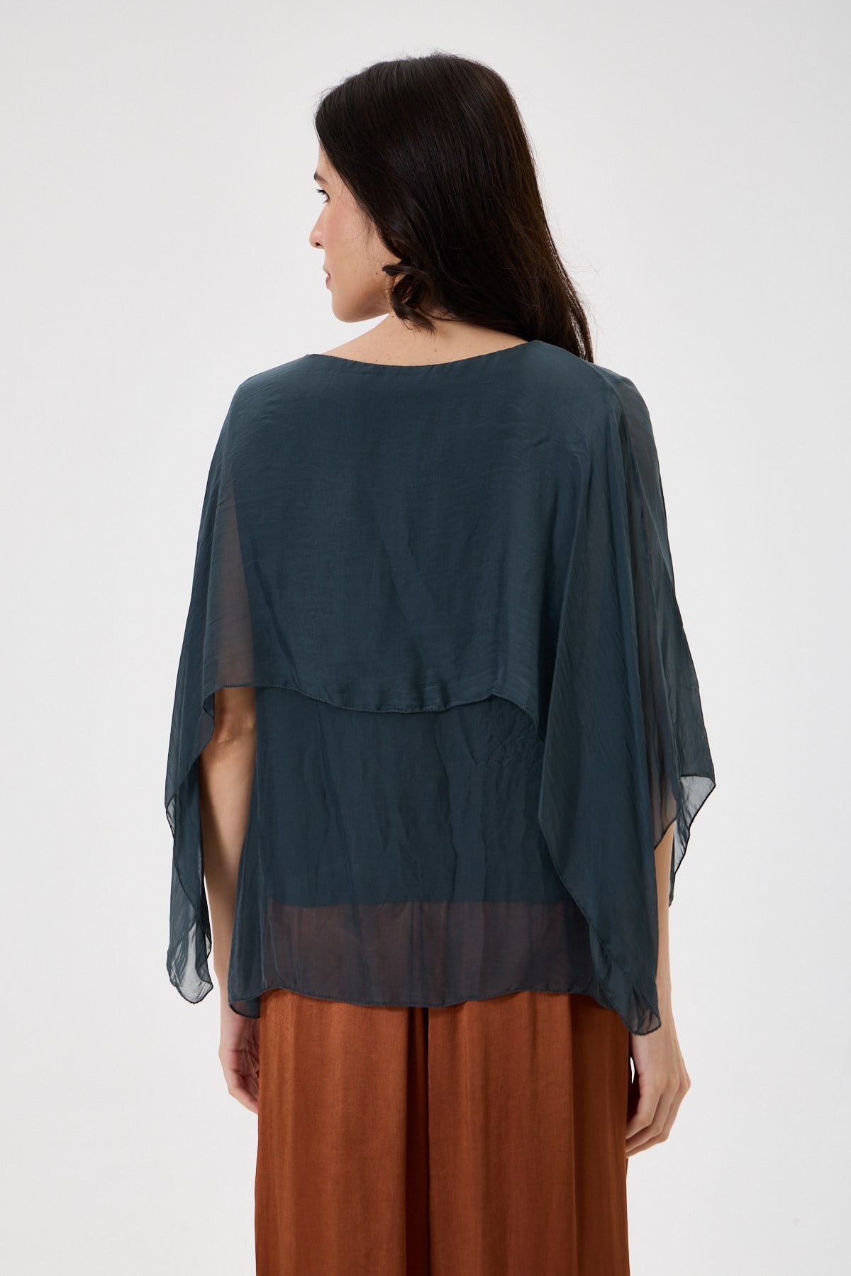 Dark Grey İtalyan Panço Kol Astarlı İpek Bluz 38 - 42 Beden
