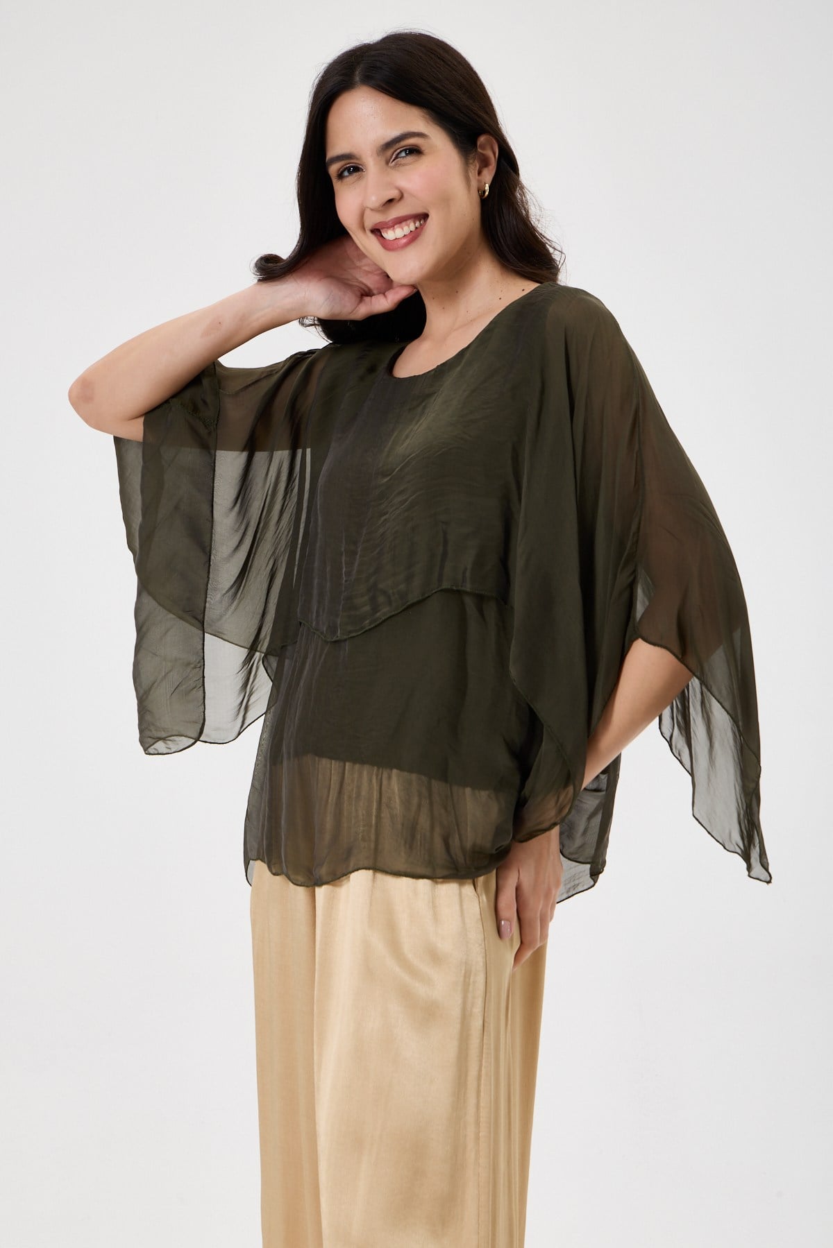 Dark Khaki İtalyan Panço Kol Astarlı İpek Bluz 38 - 42 Beden
