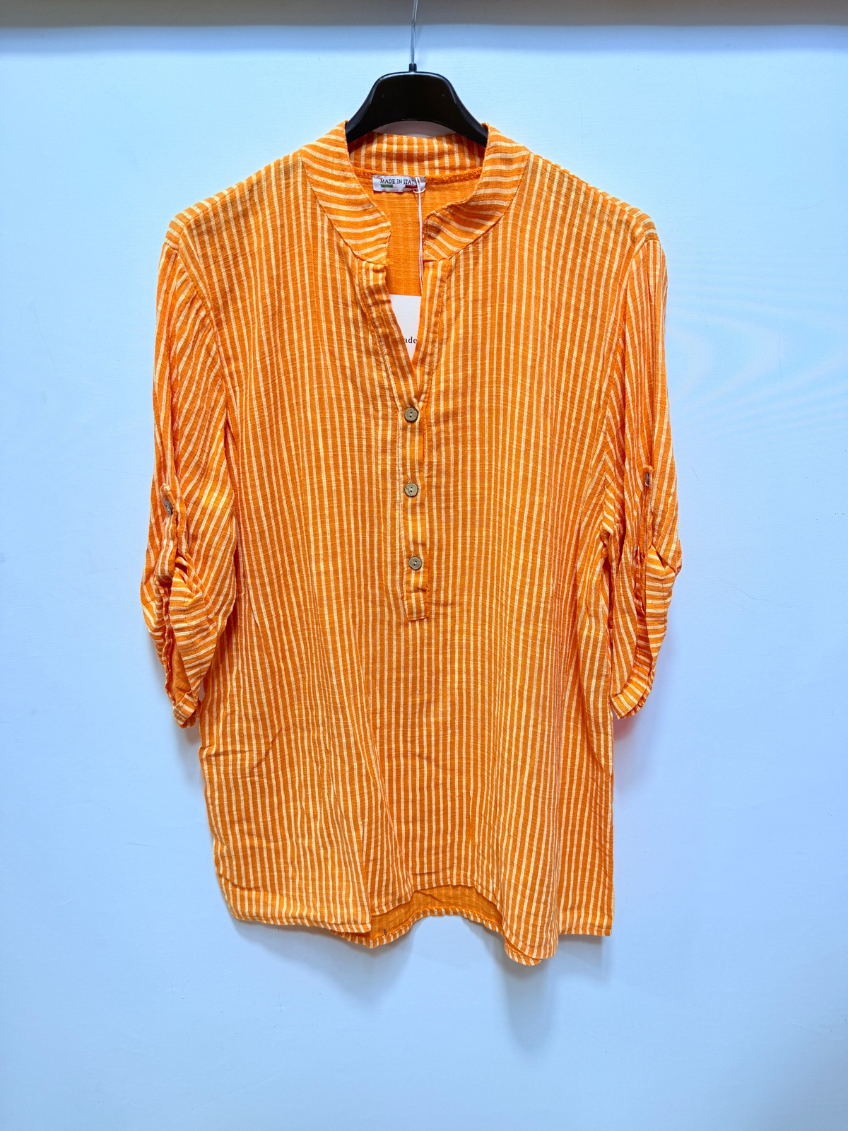 Turuncu Kadın İtalyan Çizgi Desen Hakim Yaka Kısa Kol Oversize Bluz 40 - 44 Beden