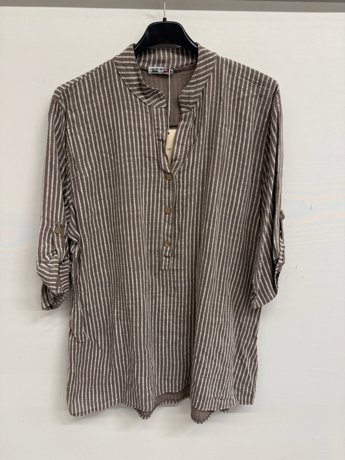 Vizon Kadın İtalyan Çizgi Desen Hakim Yaka Kısa Kol Oversize Bluz 40 - 44 Beden