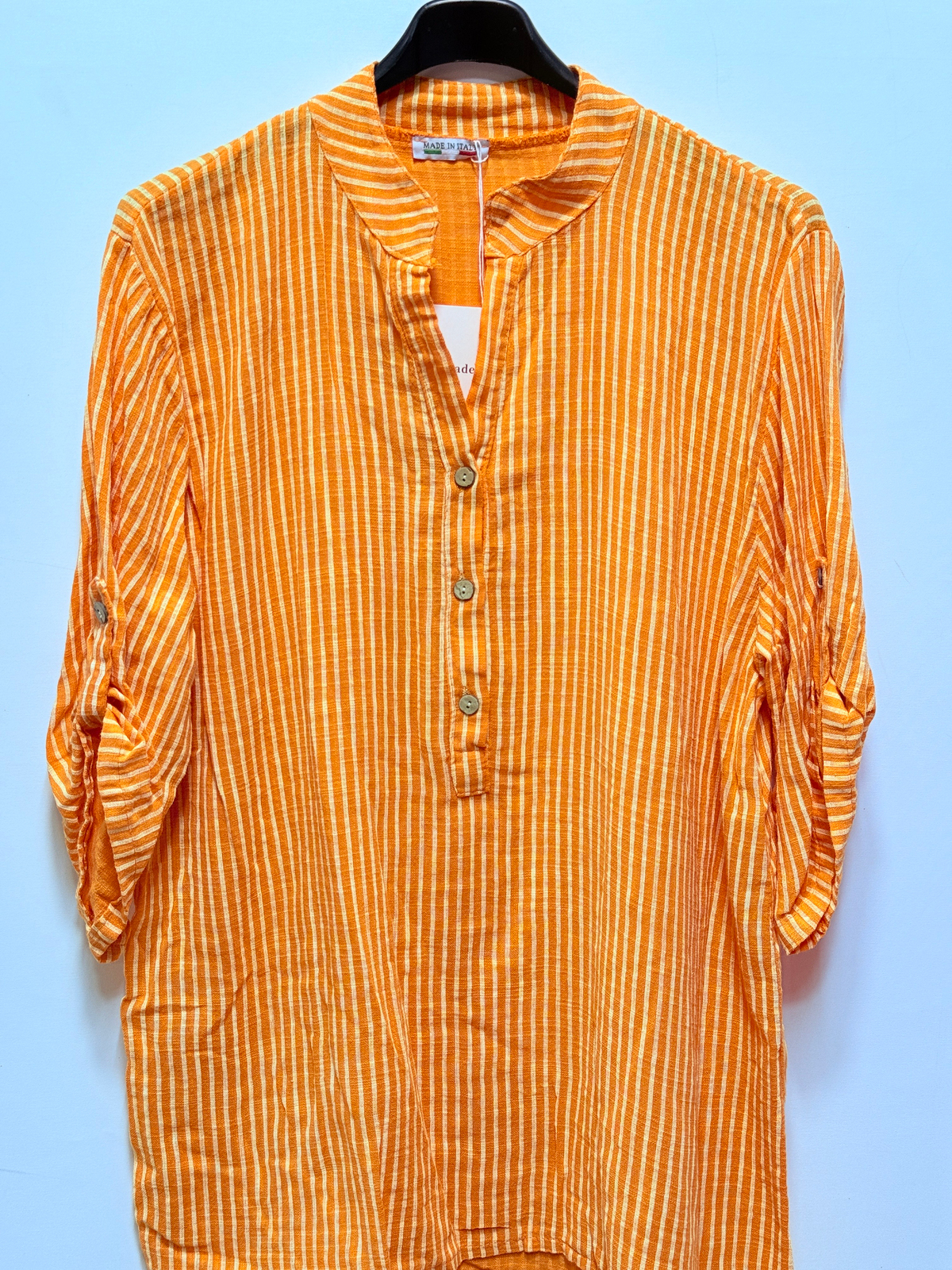 Turuncu Kadın İtalyan Çizgi Desen Hakim Yaka Kısa Kol Oversize Bluz 40 - 44 Beden