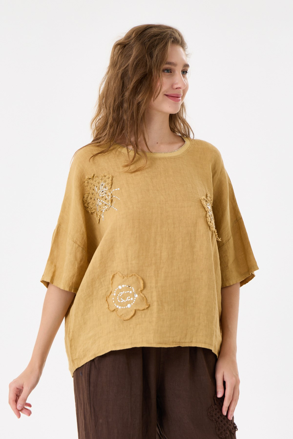 İtalyan %100 Keten Taşlı Oversize Keten Bluz 38 - 42 Beden