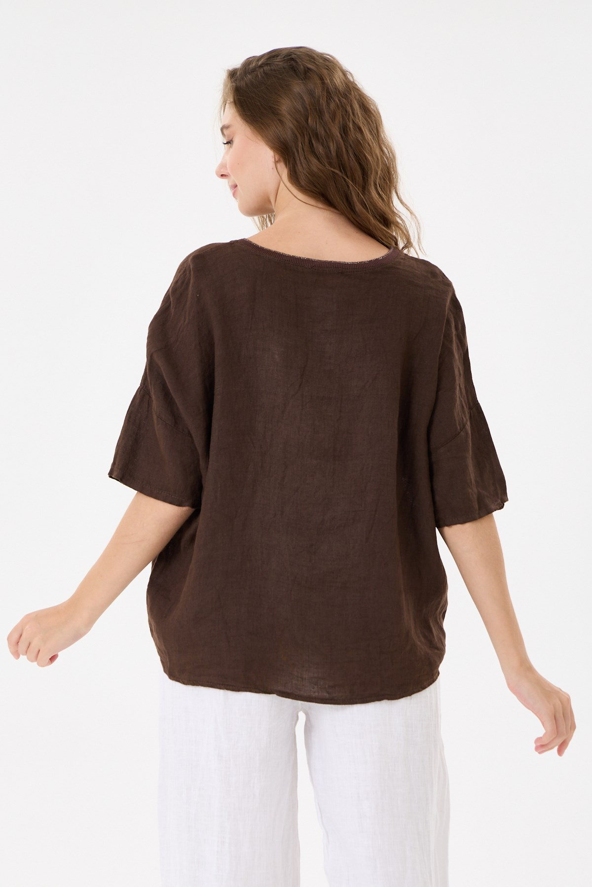 İtalyan %100 Keten Taşlı Oversize Keten Bluz 38 - 42 Beden