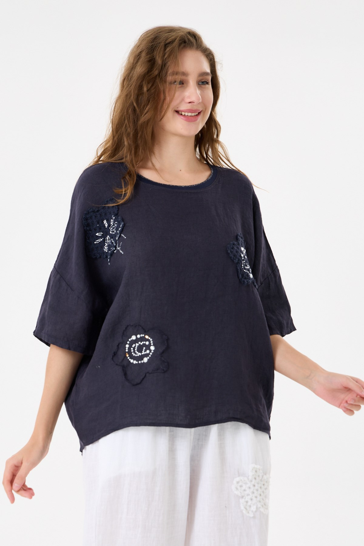 İtalyan %100 Keten Taşlı Oversize Keten Bluz 38 - 42 Beden