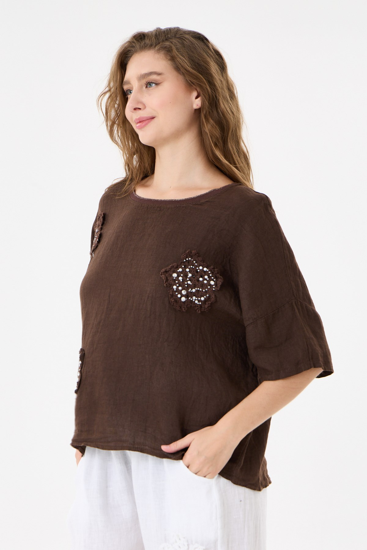 İtalyan %100 Keten Taşlı Oversize Keten Bluz 38 - 42 Beden