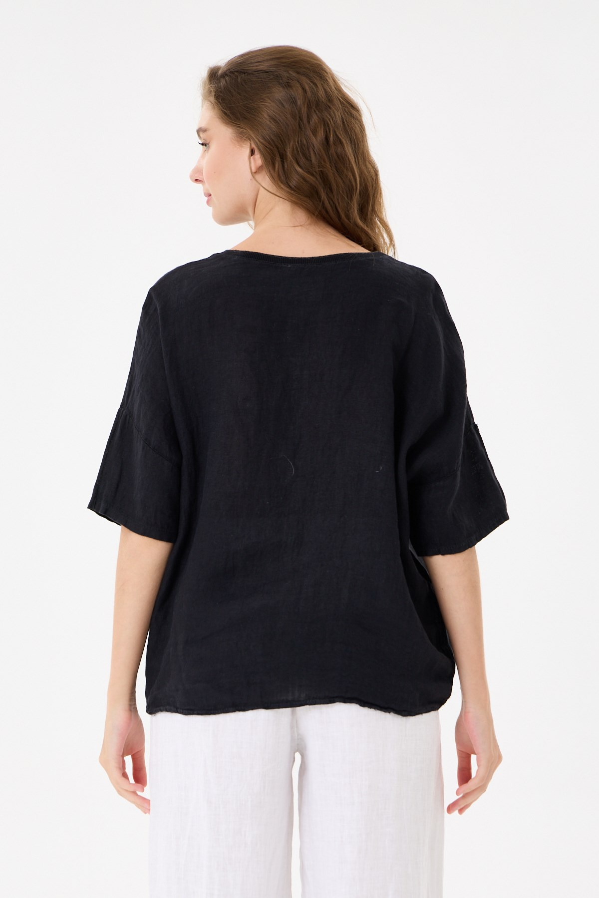 İtalyan %100 Keten Taşlı Oversize Keten Bluz 38 - 42 Beden