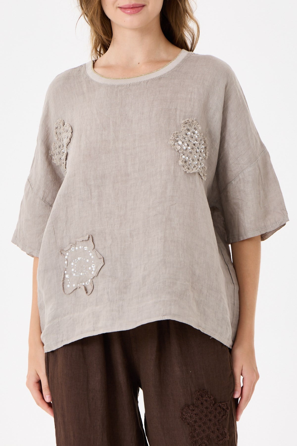 İtalyan %100 Keten Taşlı Oversize Keten Bluz 38 - 42 Beden