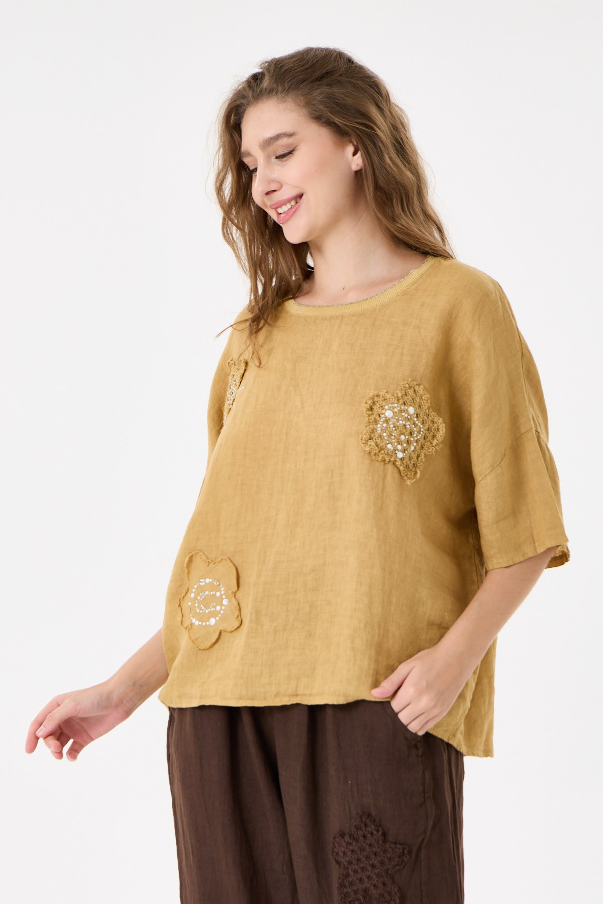 İtalyan %100 Keten Taşlı Oversize Keten Bluz 38 - 42 Beden