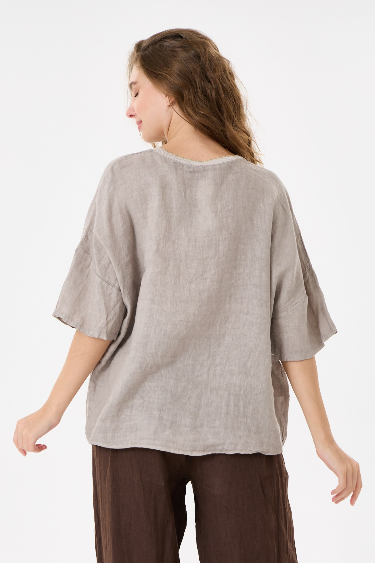 İtalyan %100 Keten Taşlı Oversize Keten Bluz 38 - 42 Beden