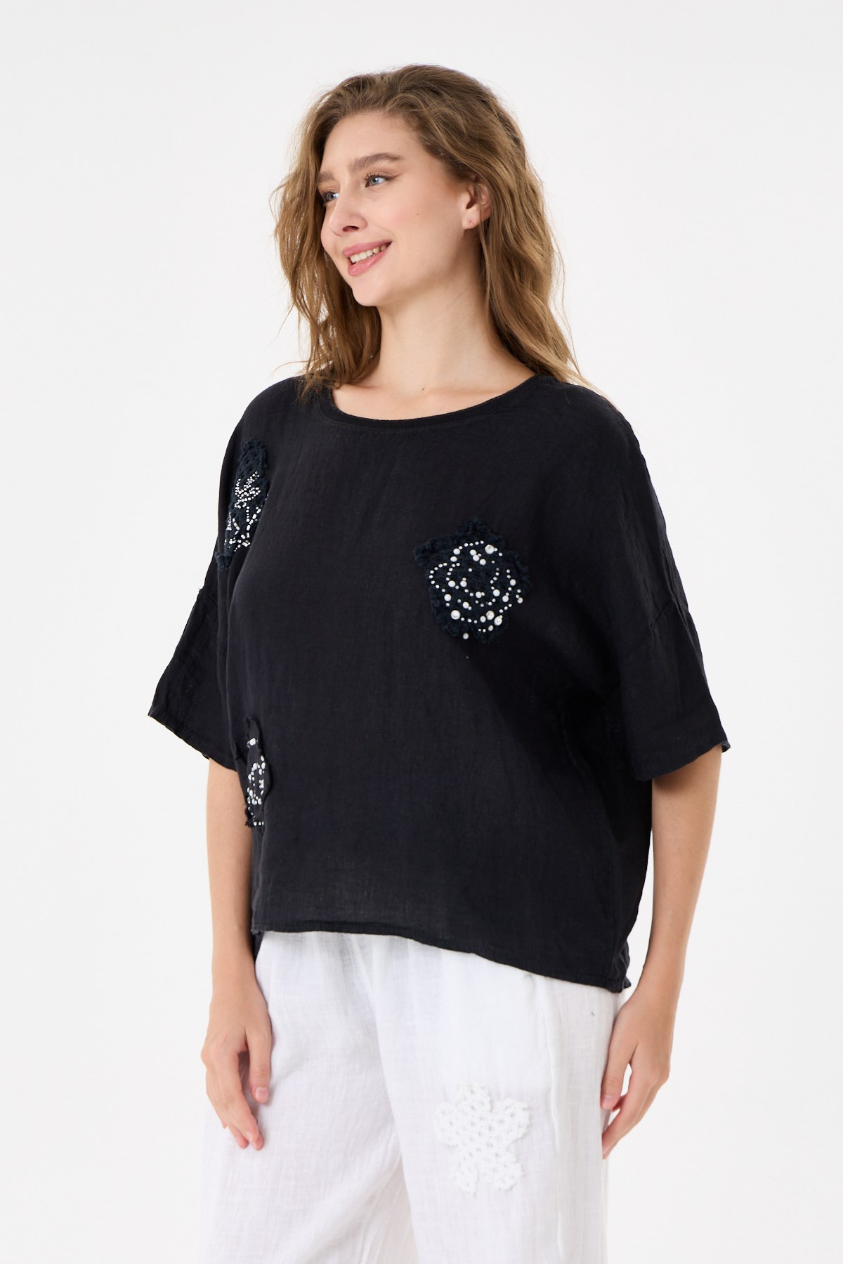 İtalyan %100 Keten Taşlı Oversize Keten Bluz 38 - 42 Beden