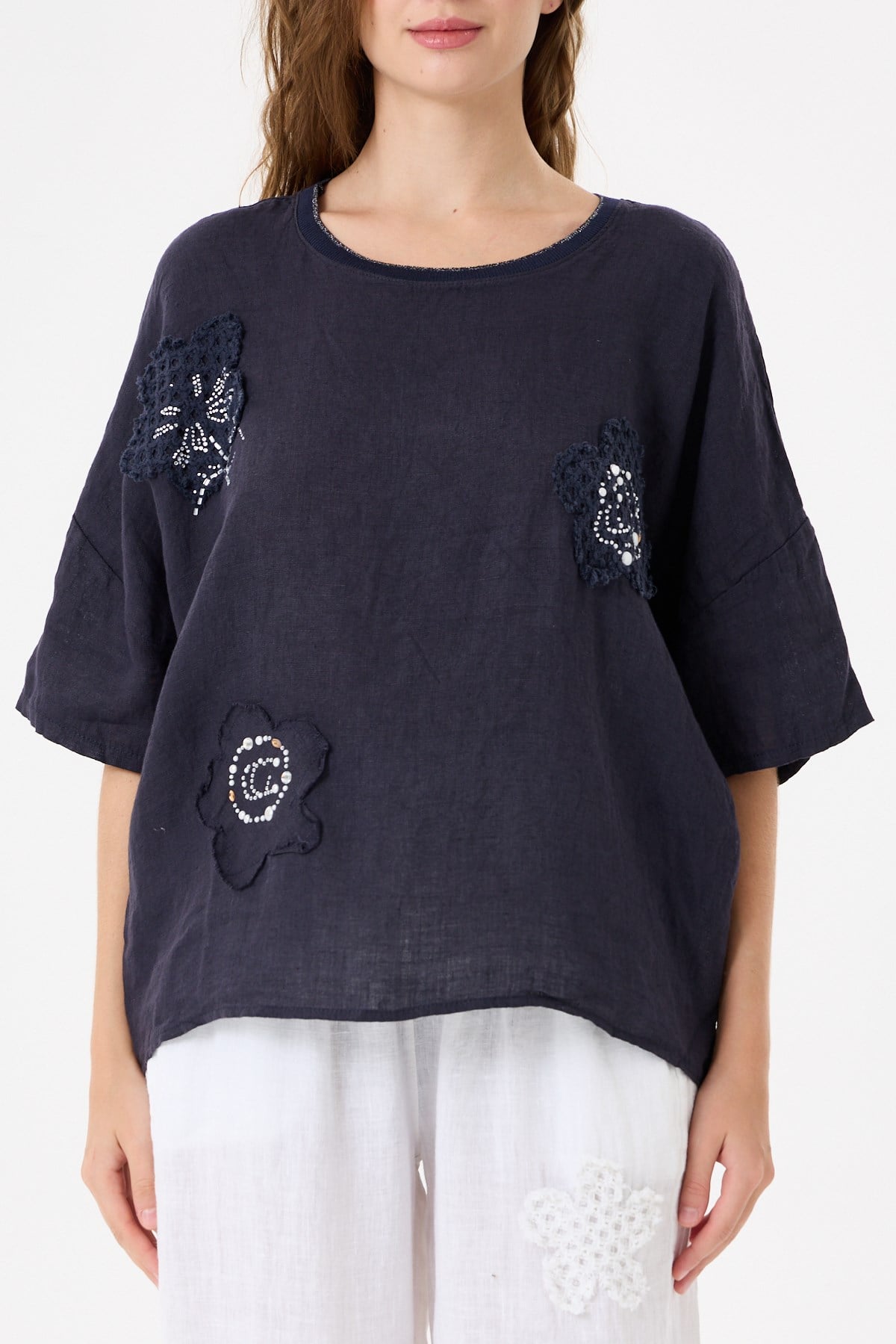 İtalyan %100 Keten Taşlı Oversize Keten Bluz 38 - 42 Beden