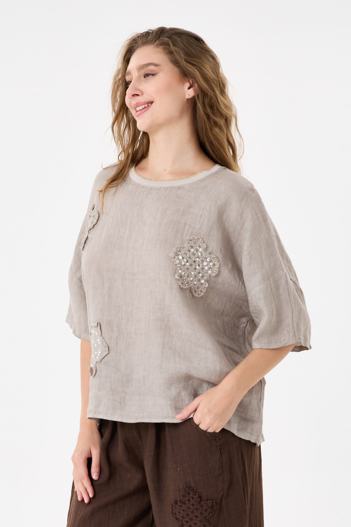 İtalyan %100 Keten Taşlı Oversize Keten Bluz 38 - 42 Beden