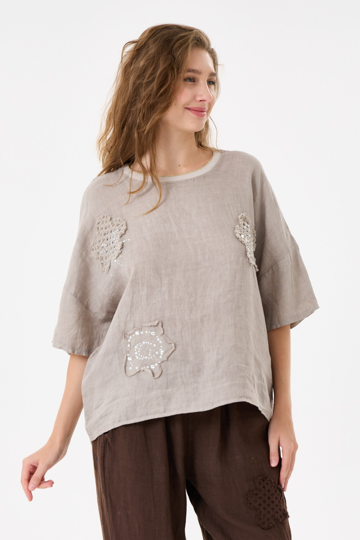 İtalyan %100 Keten Taşlı Oversize Keten Bluz 38 - 42 Beden