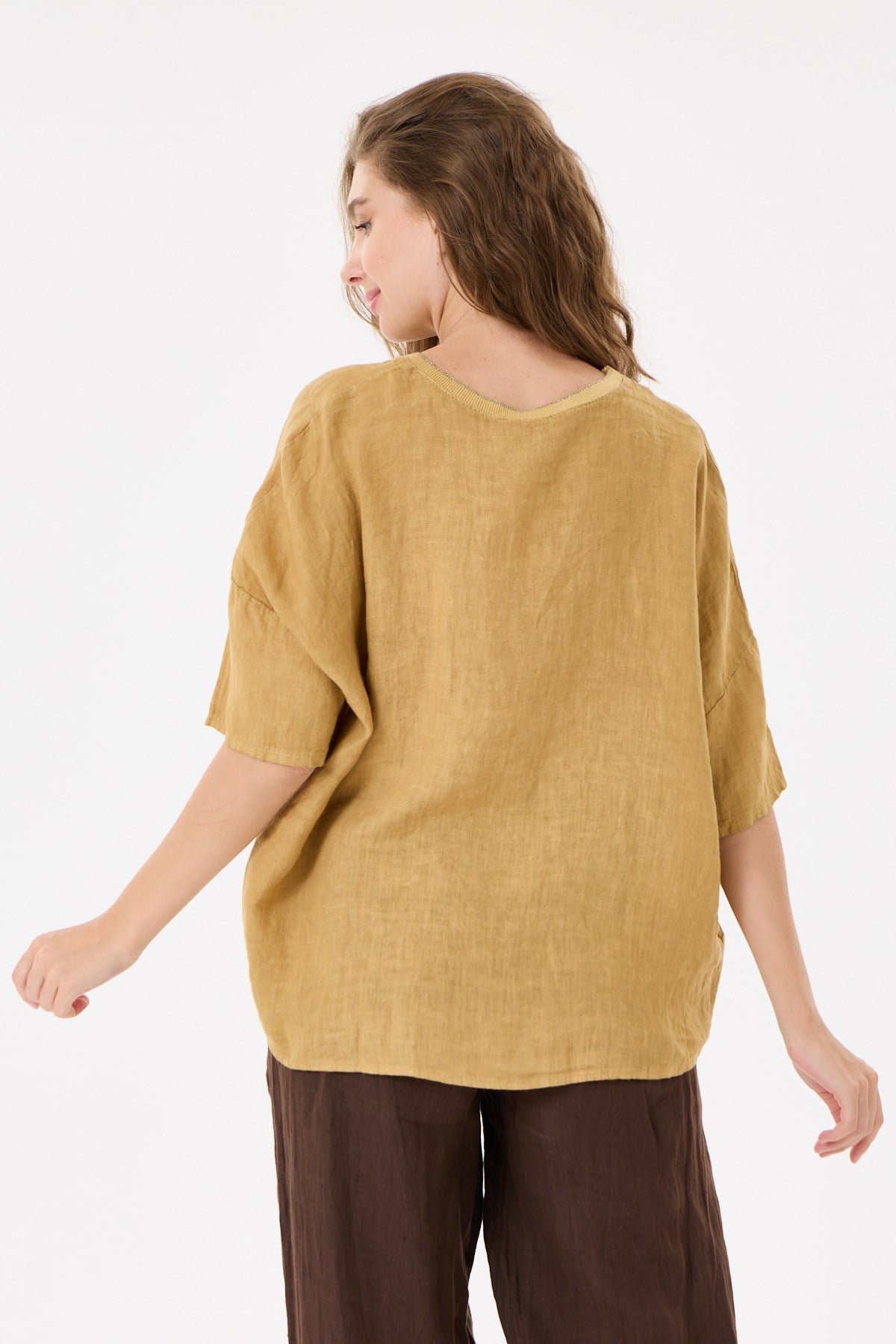 İtalyan %100 Keten Taşlı Oversize Keten Bluz 38 - 42 Beden
