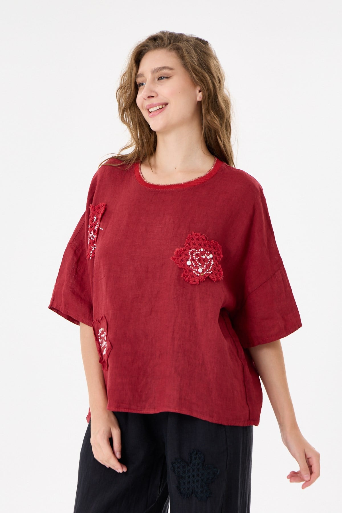 İtalyan %100 Keten Taşlı Oversize Keten Bluz 38 - 42 Beden