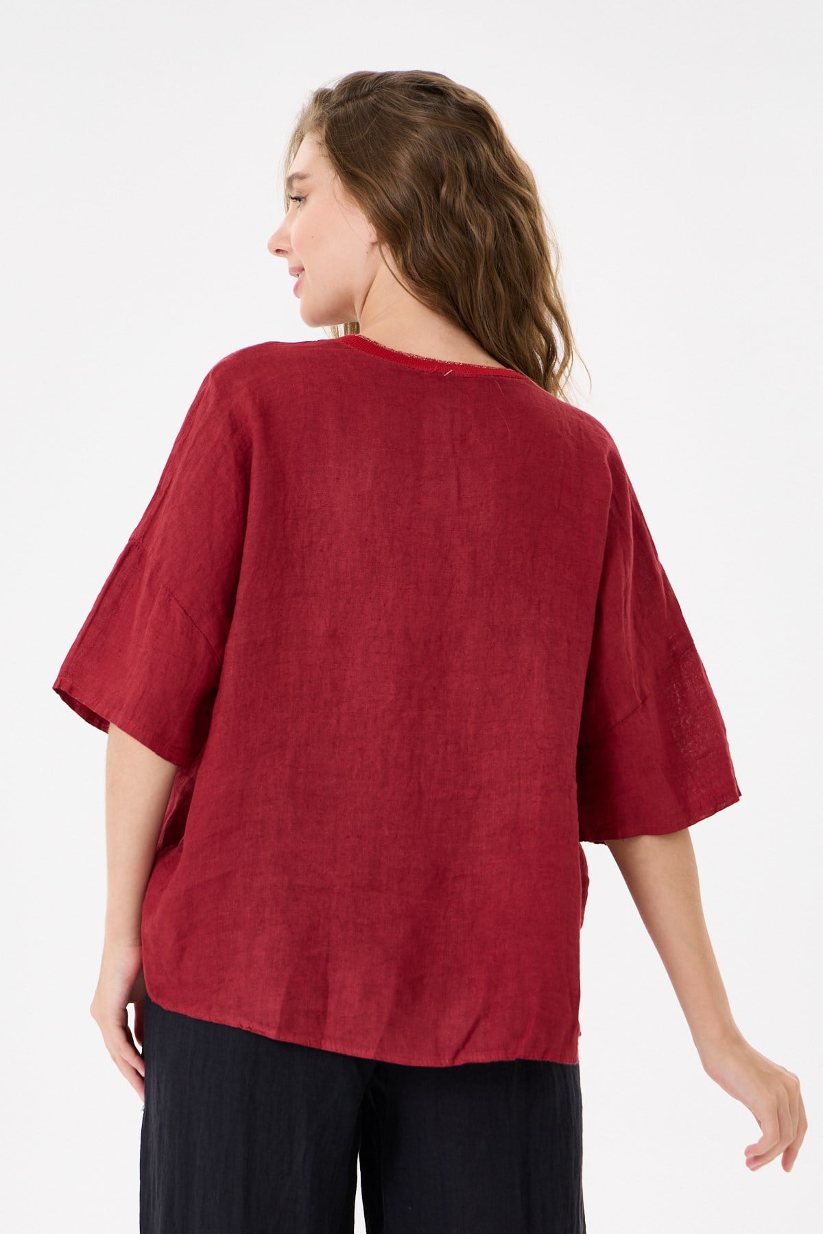 İtalyan %100 Keten Taşlı Oversize Keten Bluz 38 - 42 Beden