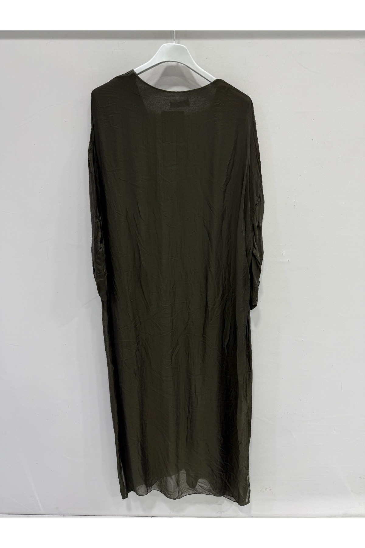 Dark Khaki İtalyan Yakası Büzgülü Katlanır Uzun Kollu Astarlı Uzun İpek Elbise 38 - 44 Beden