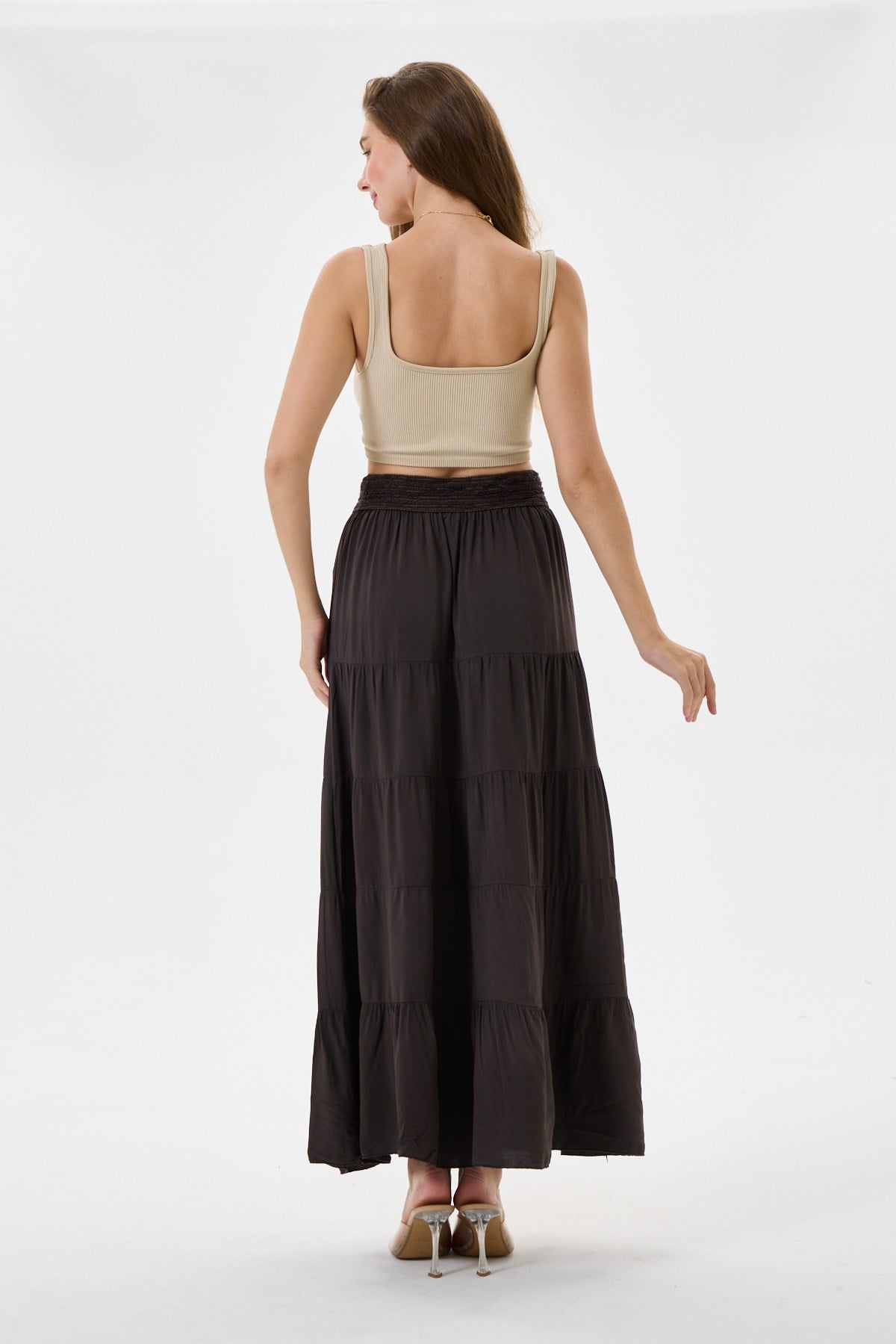 Dark Brown İtalyan Beli Lastikli Viskon Etek 38 - 42 Beden