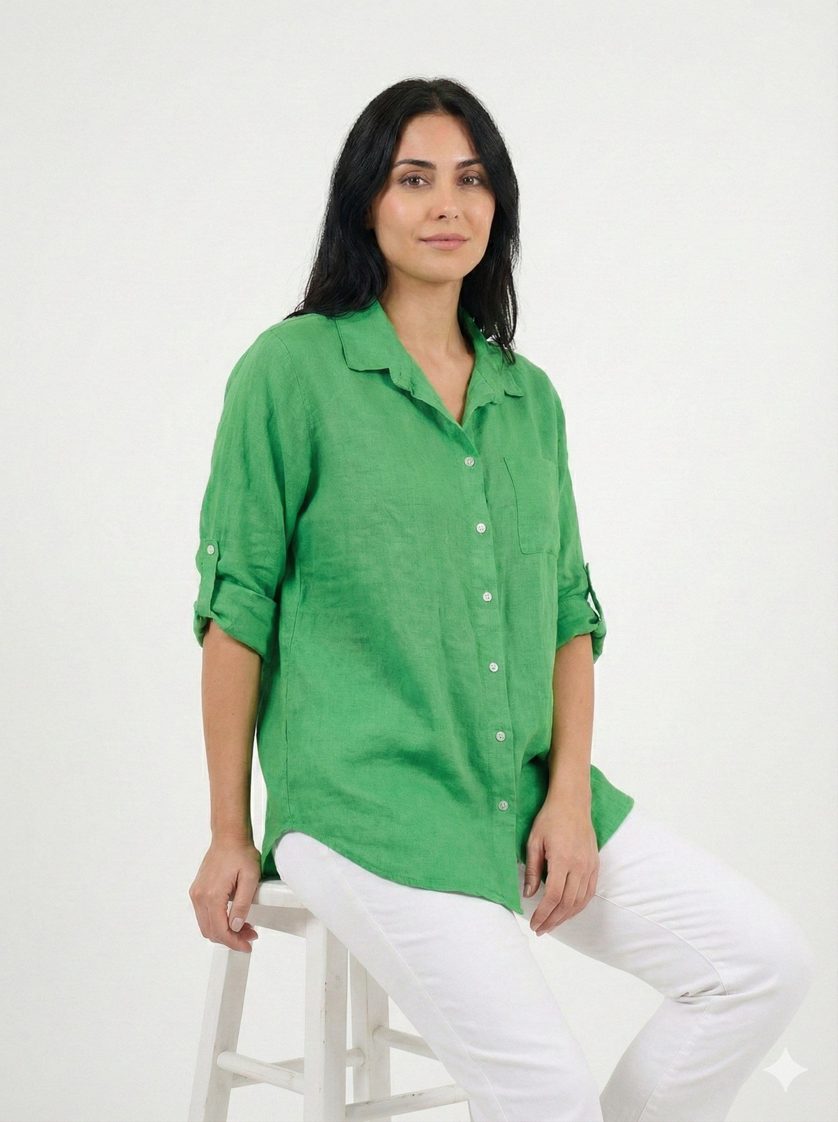 Kadın Yeşil İtalyan Oversize Uzun Keten Gömlek Tunik