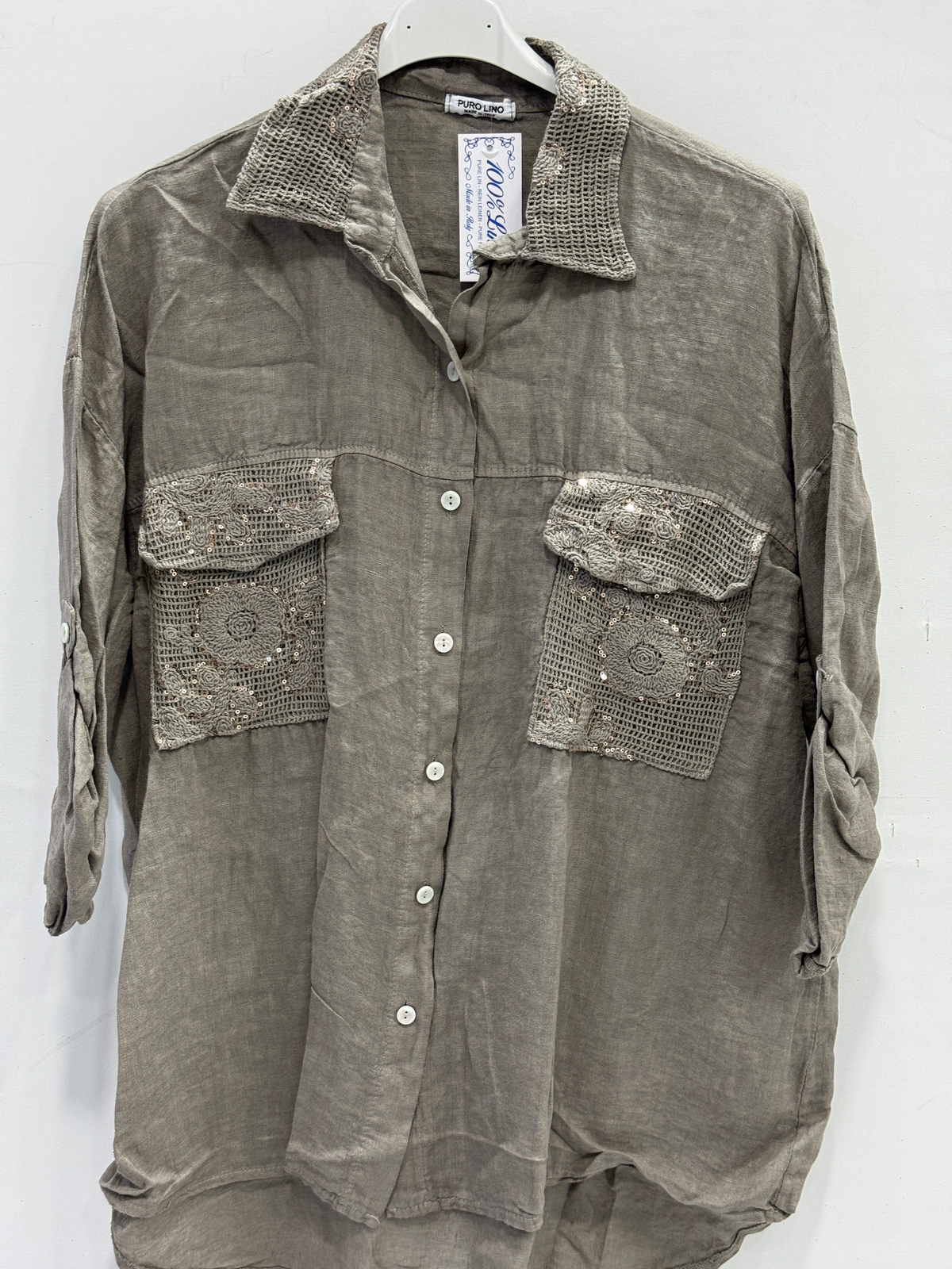 Fango Kadın İtalyan Yakası ve Cebi Pul İşlemeli Oversize Keten Gömlek 40 - 46 Beden