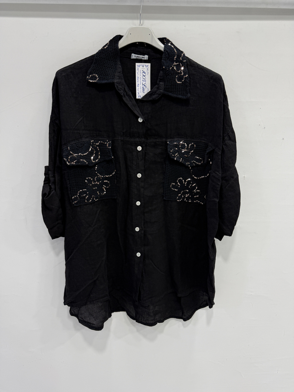 Black Kadın İtalyan Yakası ve Cebi Pul İşlemeli Oversize Keten Gömlek 40 - 46 Beden