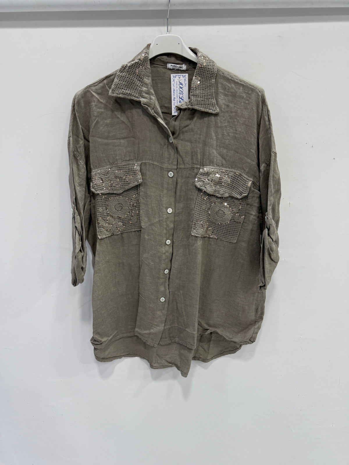 Fango Kadın İtalyan Yakası ve Cebi Pul İşlemeli Oversize Keten Gömlek 40 - 46 Beden