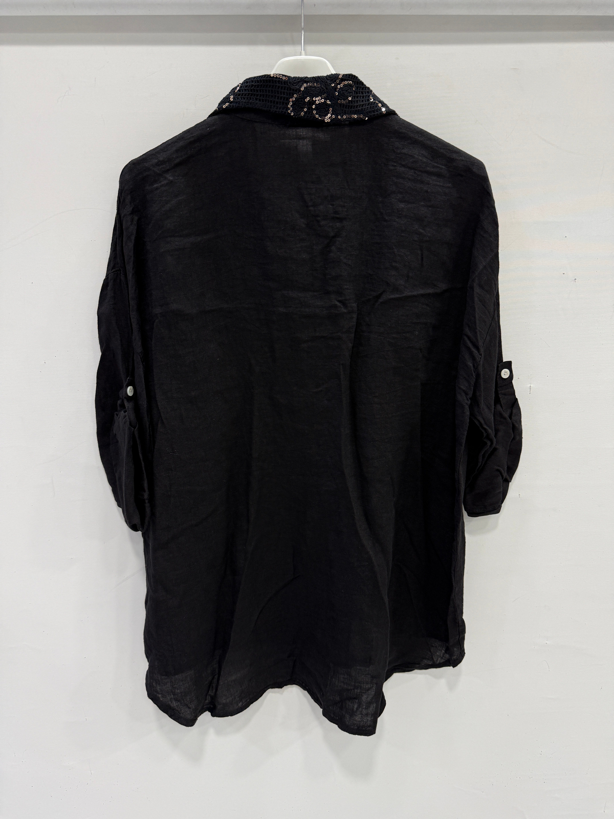 Black Kadın İtalyan Yakası ve Cebi Pul İşlemeli Oversize Keten Gömlek 40 - 46 Beden