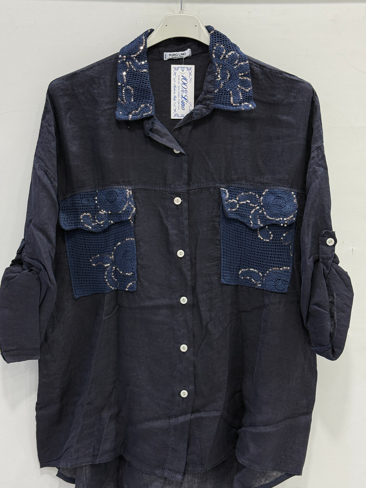 NAVY Kadın İtalyan Yakası ve Cebi Pul İşlemeli Oversize Keten Gömlek 40 - 46 Beden