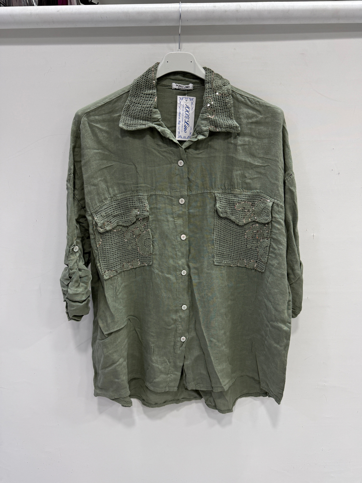 Khaki Kadın İtalyan Yakası ve Cebi Pul İşlemeli Oversize Keten Gömlek 40 - 46 Beden
