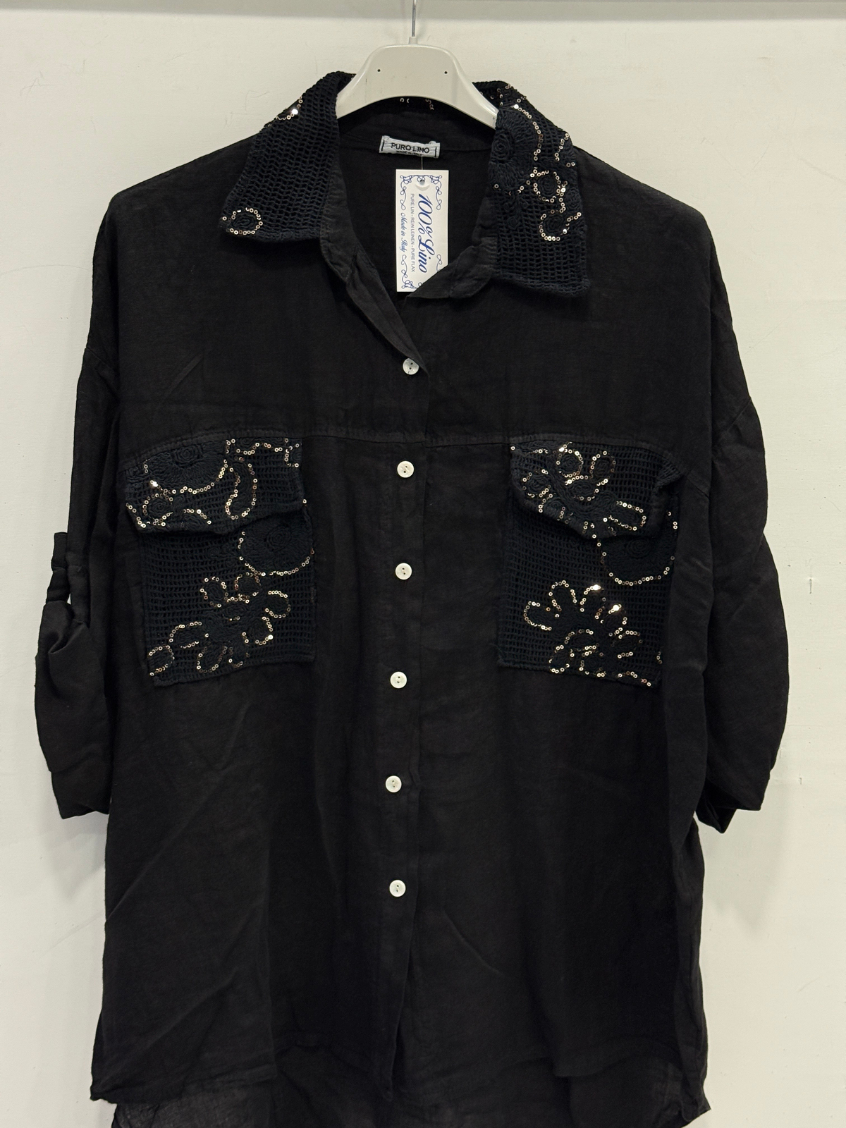 Black Kadın İtalyan Yakası ve Cebi Pul İşlemeli Oversize Keten Gömlek 40 - 46 Beden