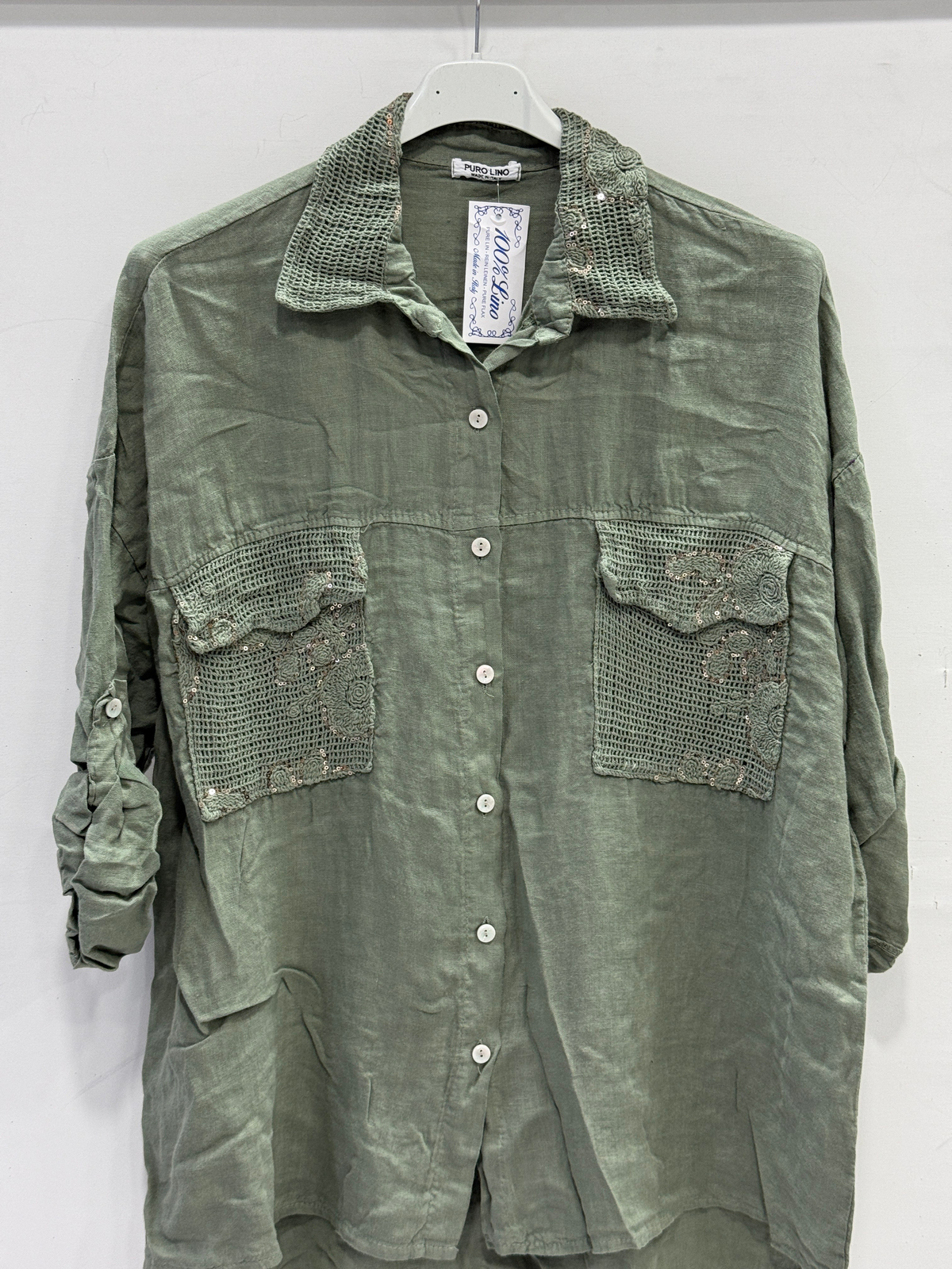 Khaki Kadın İtalyan Yakası ve Cebi Pul İşlemeli Oversize Keten Gömlek 40 - 46 Beden