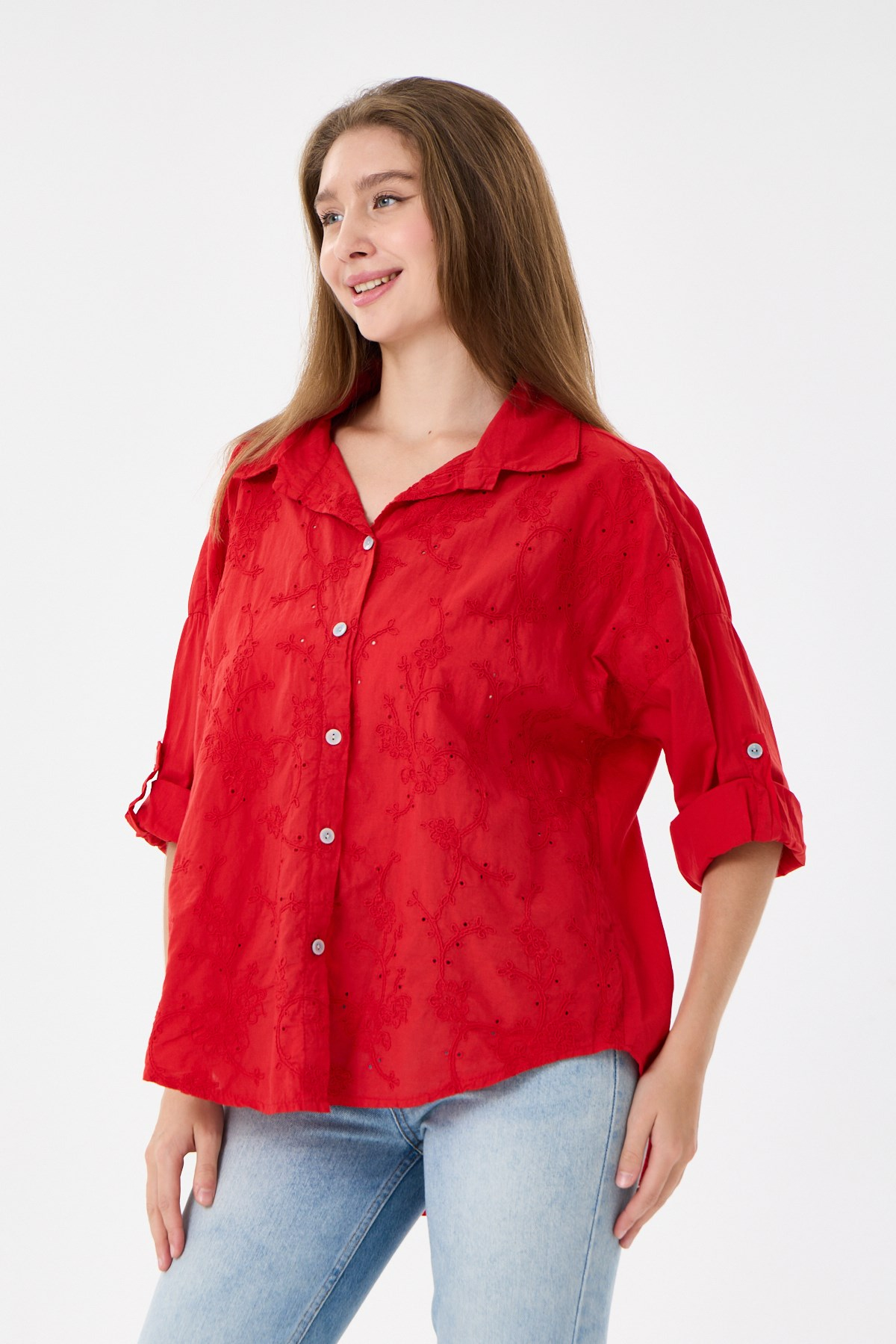 Kadın İtalyan Çiçek Nakışlı Fistolu Katlanır Uzun Kollu Oversize Poplin Gömlek 40 - 44 Beden