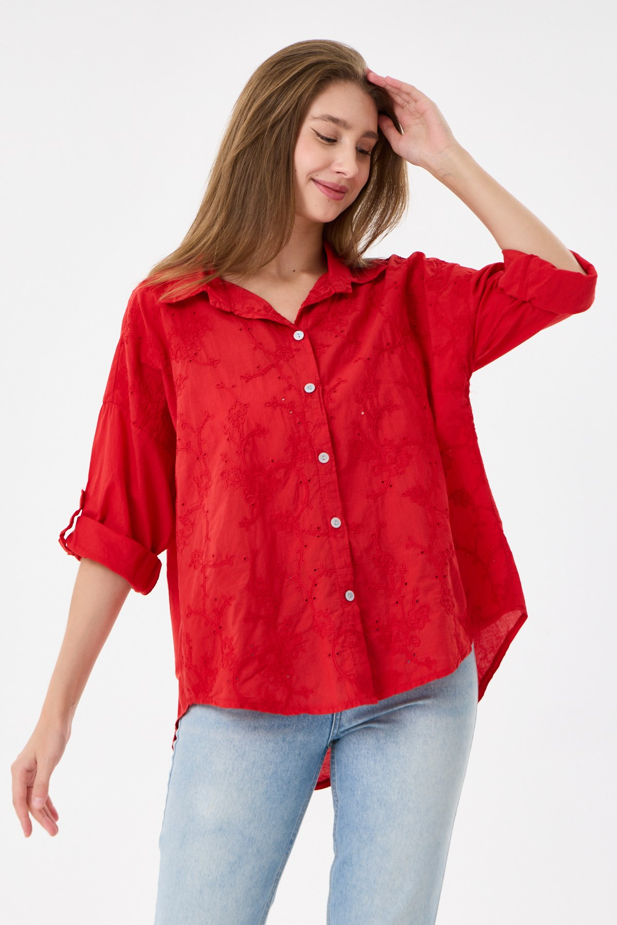 Kadın İtalyan Çiçek Nakışlı Fistolu Katlanır Uzun Kollu Oversize Poplin Gömlek 40 - 44 Beden