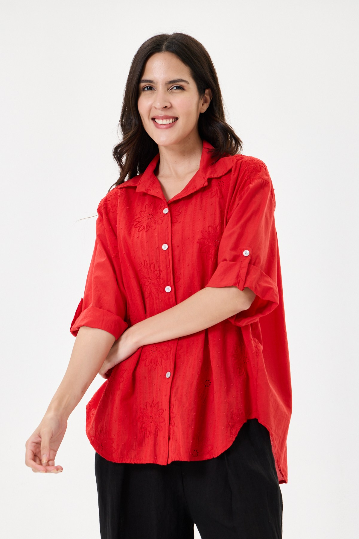 Kadın İtalyan Çiçek Nakışlı Fistolu Oversize Poplin Gömlek 40 - 46 Beden