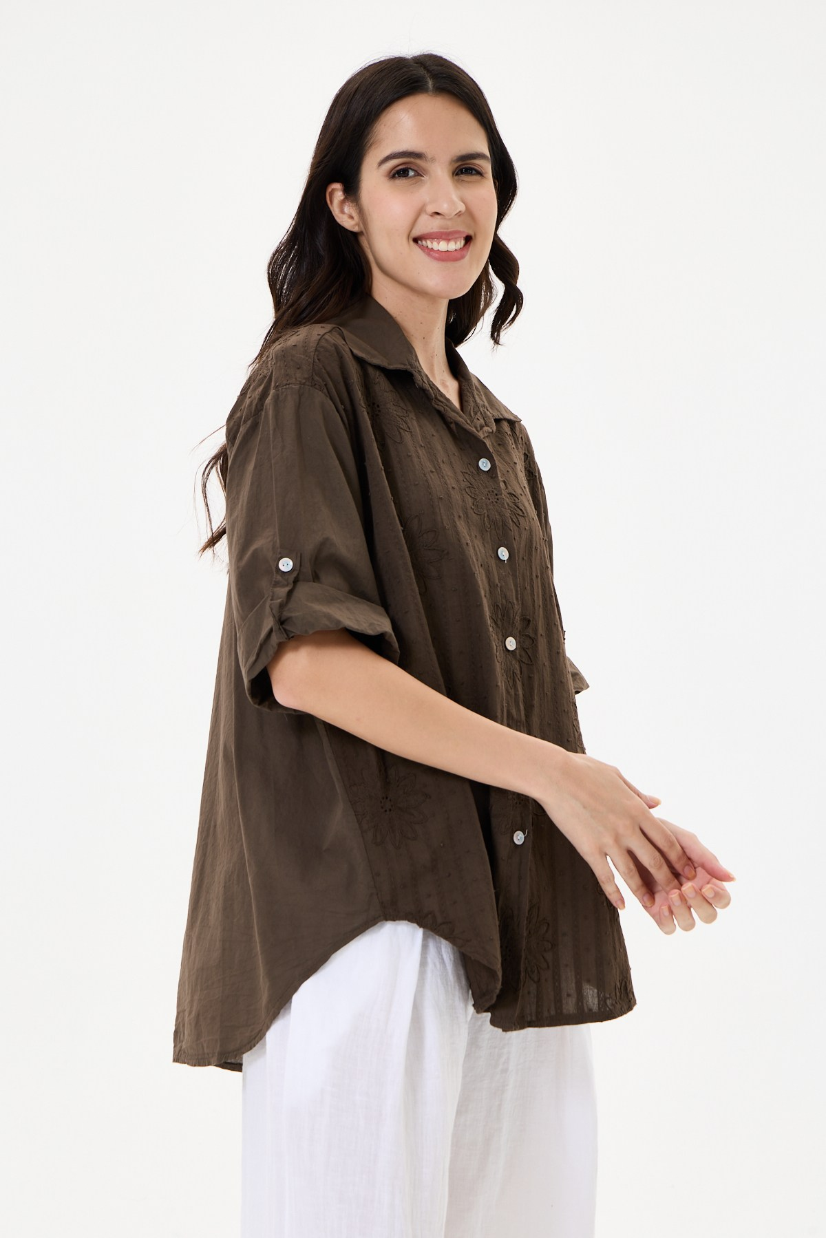 Kadın İtalyan Çiçek Nakışlı Fistolu Oversize Poplin Gömlek 40 - 46 Beden