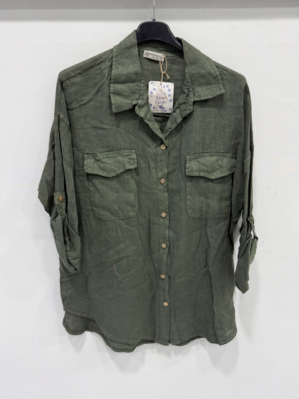 Kaky Kadın İtalyan Katlanır Uzun Kollu Oversize Uzun Keten Gömlek 40 - 44 Beden
