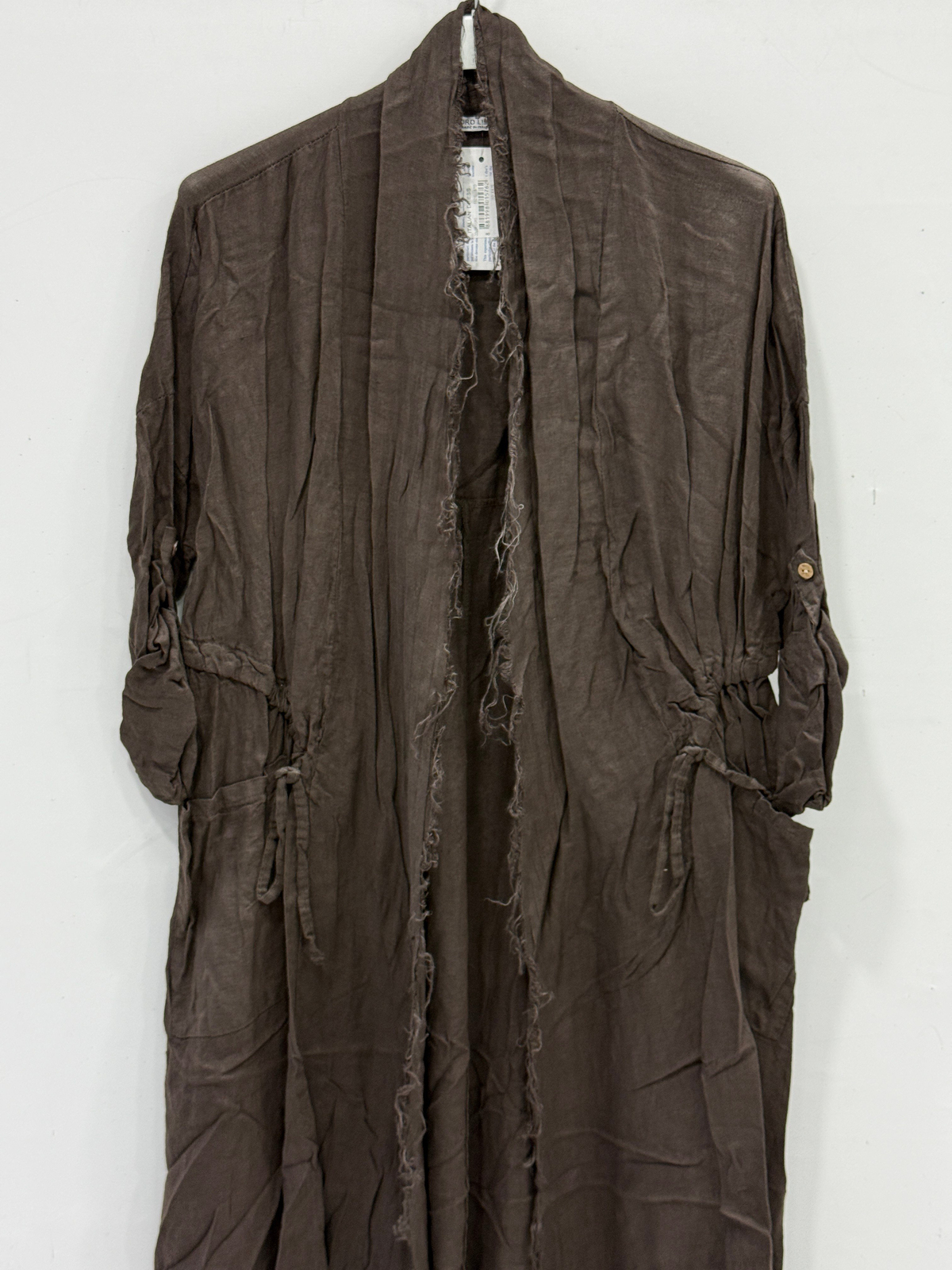 Moro Kadın İtalyan Pis Kesim Katlanır Kollu Cepli Oversize Uzun Keten Kaftan 40 - 48 Beden