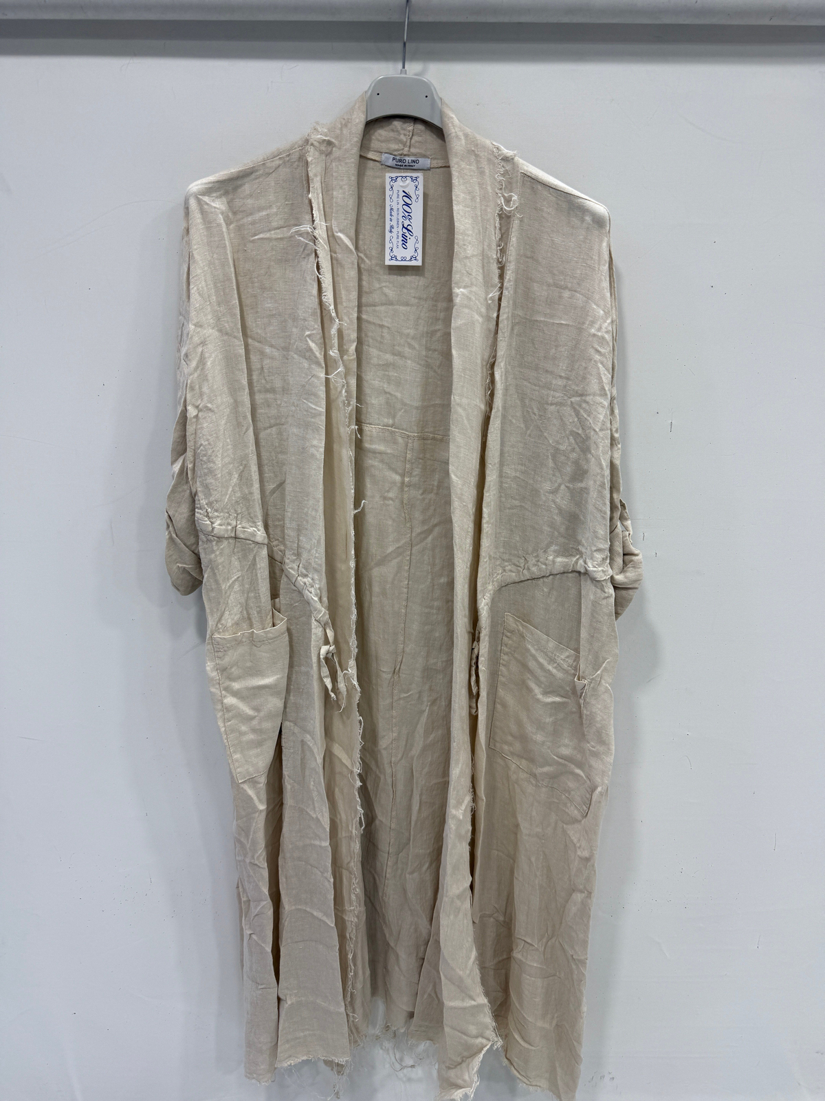 Beige Kadın İtalyan Pis Kesim Katlanır Kollu Cepli Oversize Uzun Keten Kaftan 40 - 48 Beden