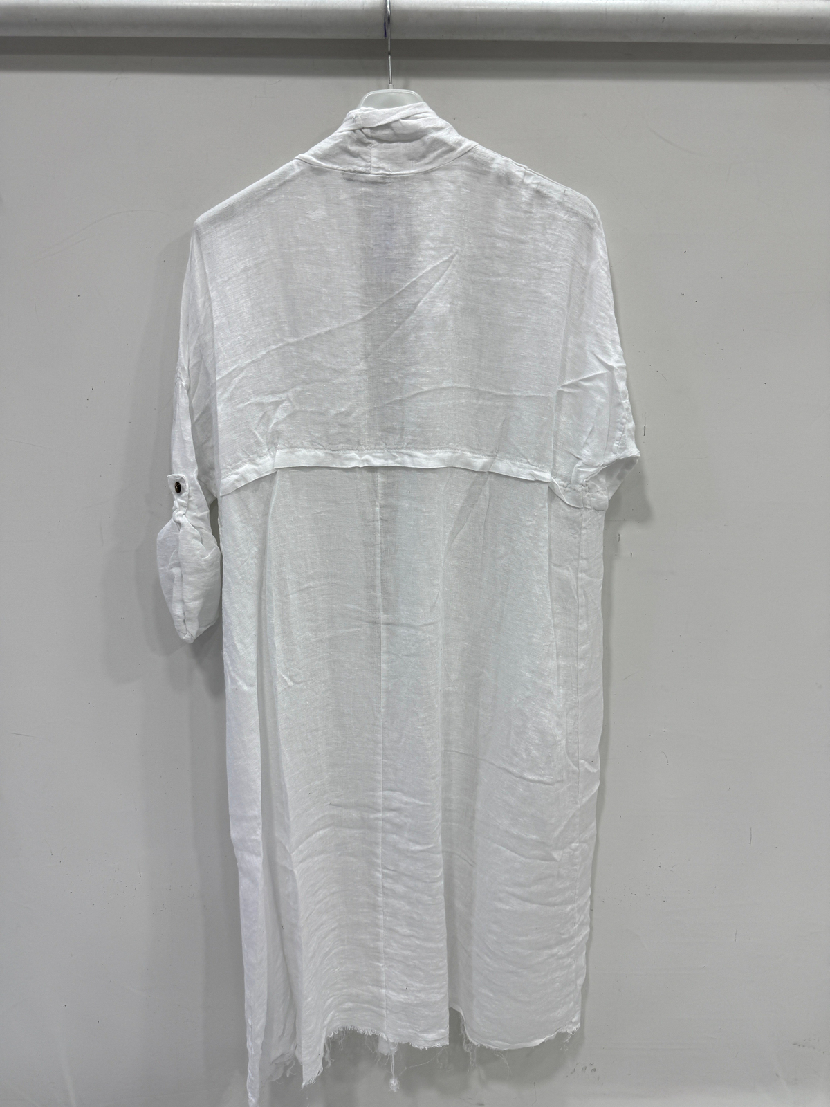White Kadın İtalyan Pis Kesim Katlanır Kollu Cepli Oversize Uzun Keten Kaftan 40 - 48 Beden