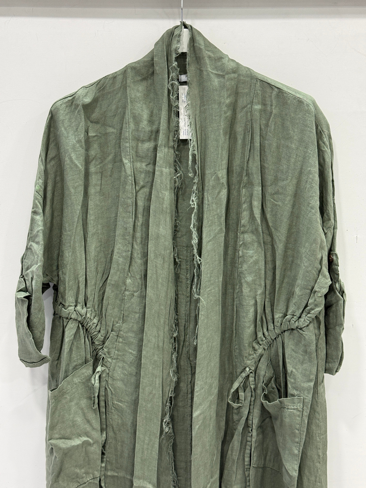 Khaki Kadın İtalyan Pis Kesim Katlanır Kollu Cepli Oversize Uzun Keten Kaftan 40 - 48 Beden