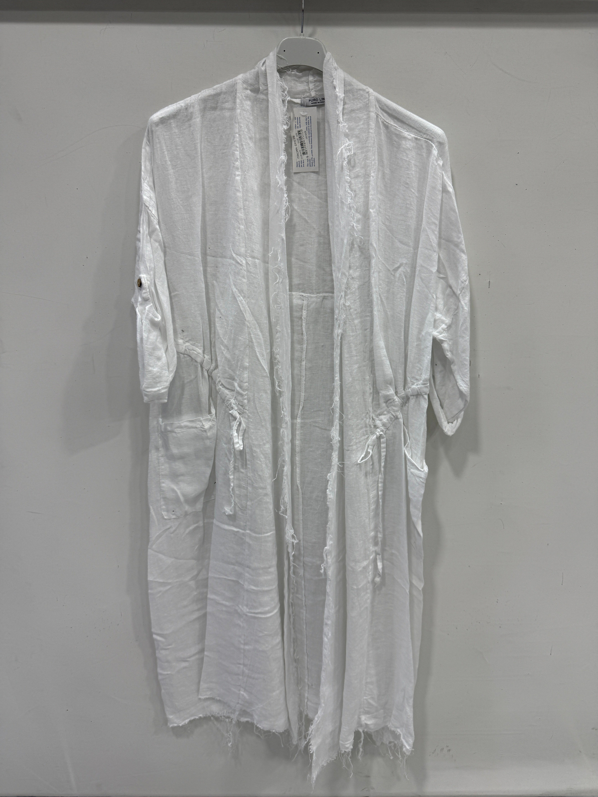 White Kadın İtalyan Pis Kesim Katlanır Kollu Cepli Oversize Uzun Keten Kaftan 40 - 48 Beden