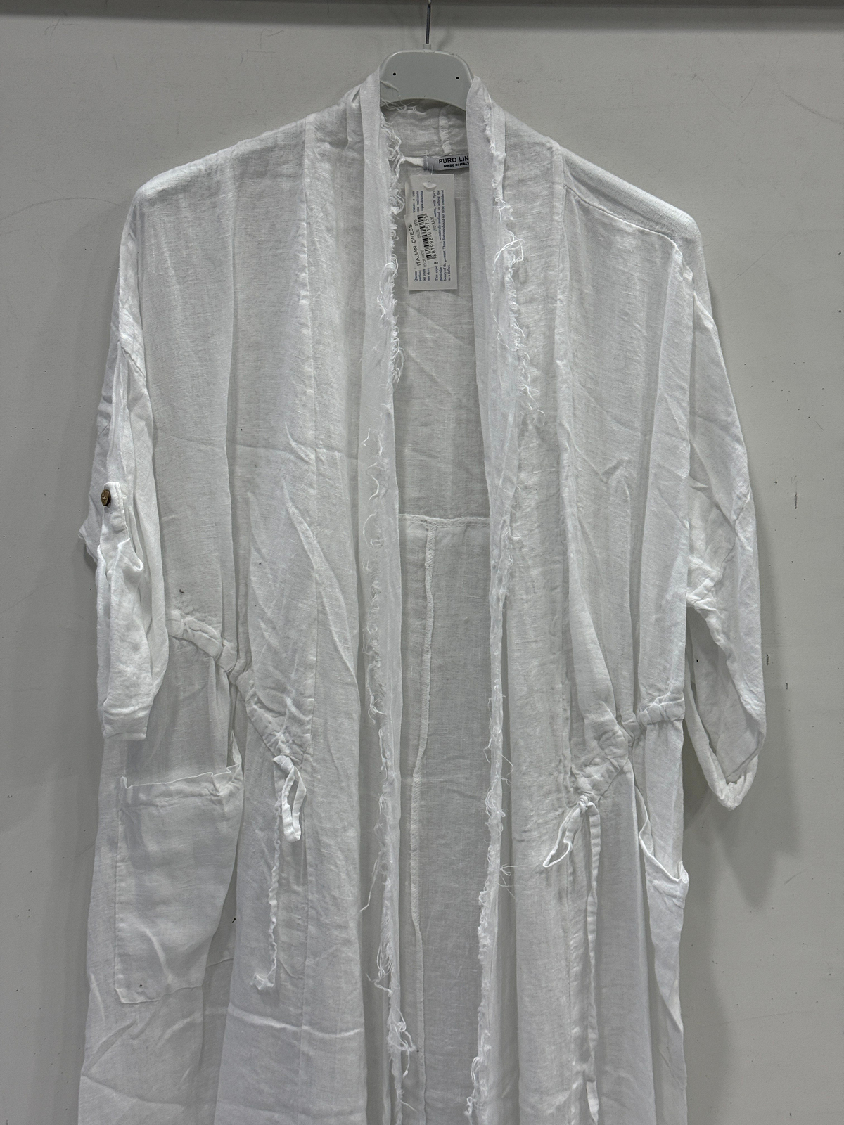 White Kadın İtalyan Pis Kesim Katlanır Kollu Cepli Oversize Uzun Keten Kaftan 40 - 48 Beden