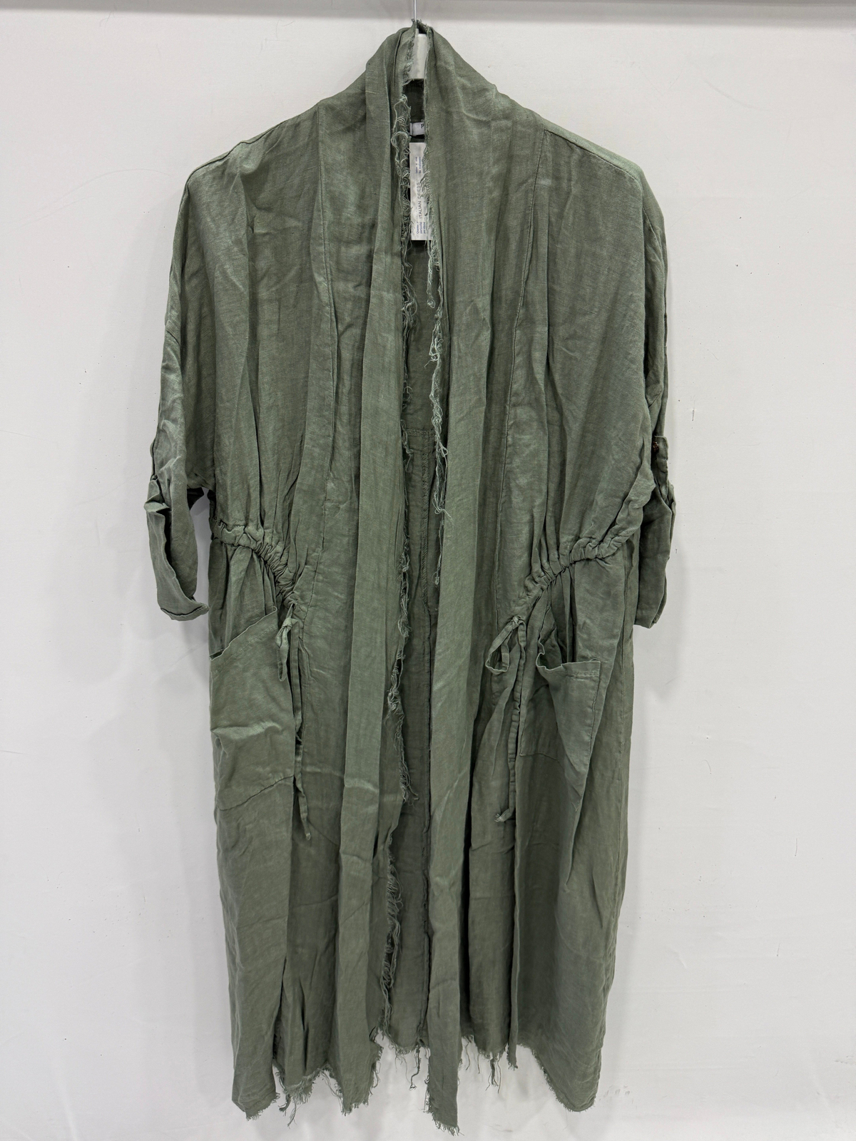 Khaki Kadın İtalyan Pis Kesim Katlanır Kollu Cepli Oversize Uzun Keten Kaftan 40 - 48 Beden