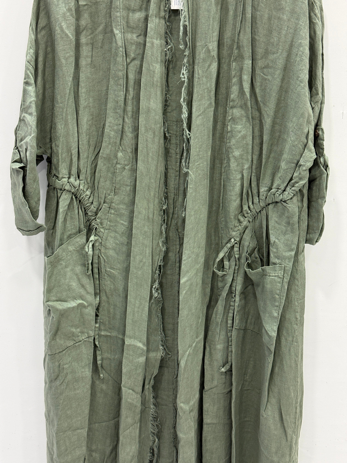Khaki Kadın İtalyan Pis Kesim Katlanır Kollu Cepli Oversize Uzun Keten Kaftan 40 - 48 Beden