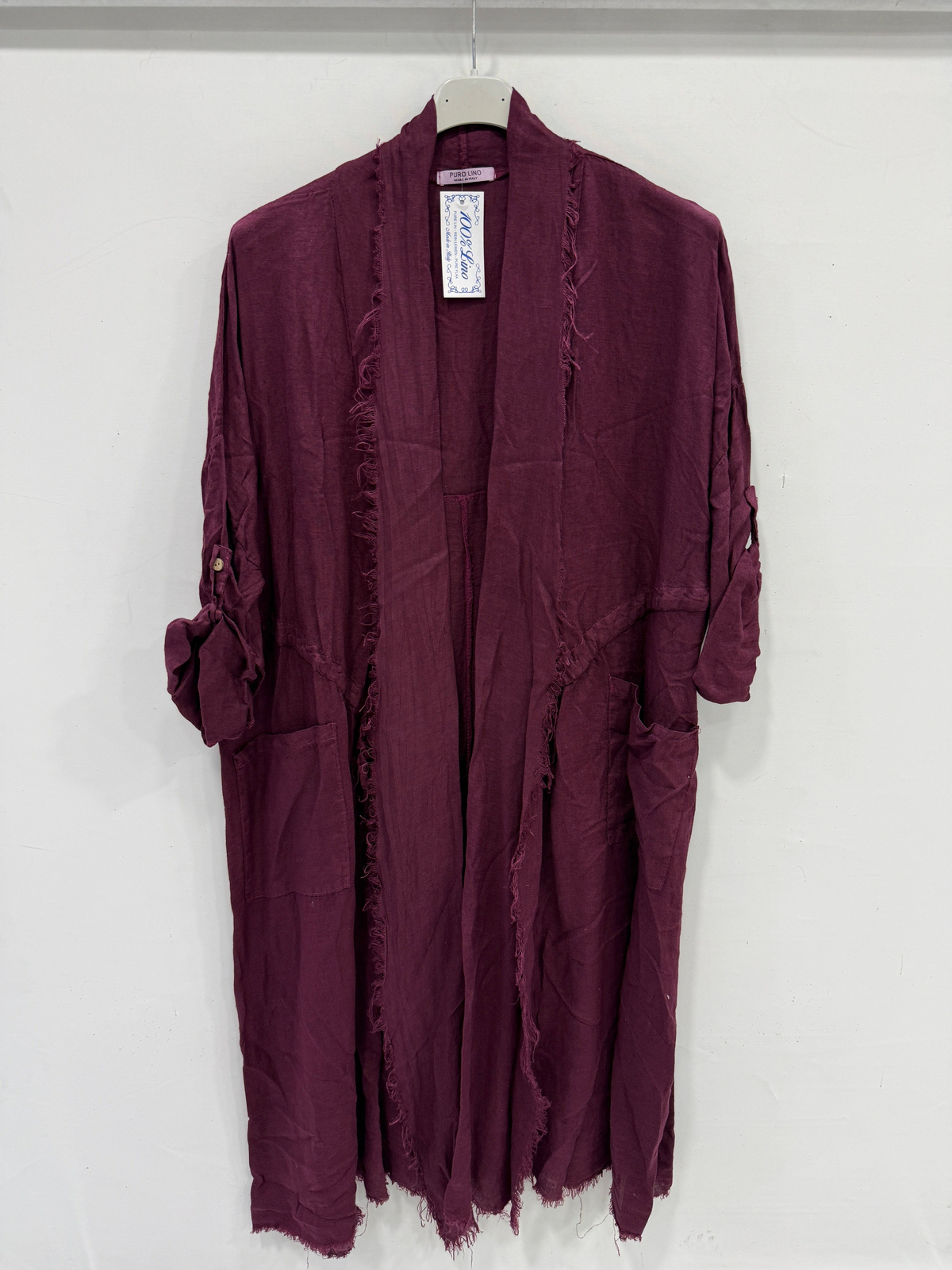 İndian Red Kadın İtalyan Pis Kesim Katlanır Kollu Cepli Oversize Uzun Keten Kaftan 40 - 48 Beden